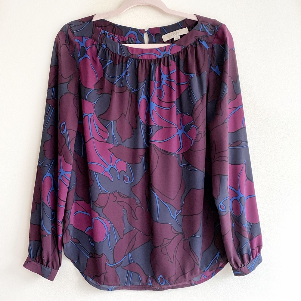LOFT Purple Floral Long Sleeve Blouse - Size Small